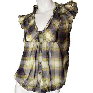 Women's Kouture Size M Plaid Ruffle Button-Down Sleeveless Top V-Neck Sheer Med
